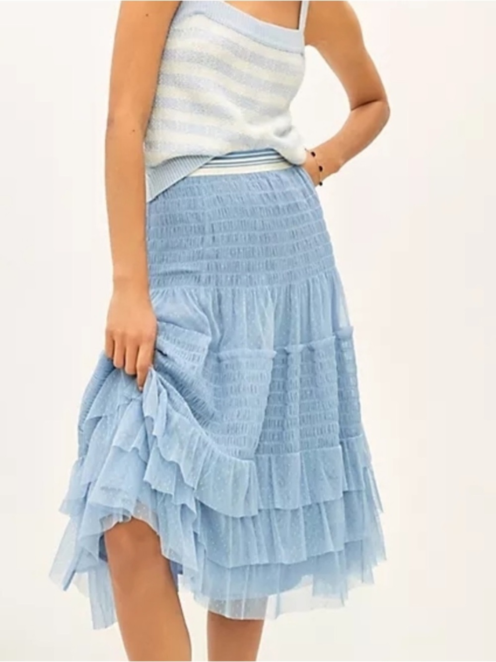 Maeve Anthropologie XS Corflower Blue Tulle Tiered Midi Skirt, Size XS.